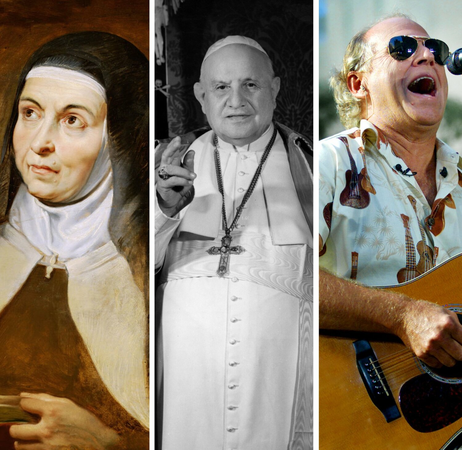 A collage featuring images of St. Teresa of Avila (Public Domain), Pope John XXIII (CNS File photo) and singer-songwriter Jimmy Buffett in July of 2001 (Mike Segar, Reuters). Buffett died Sept. 1, 2023. (OSV News photo/CNS, Reuters)